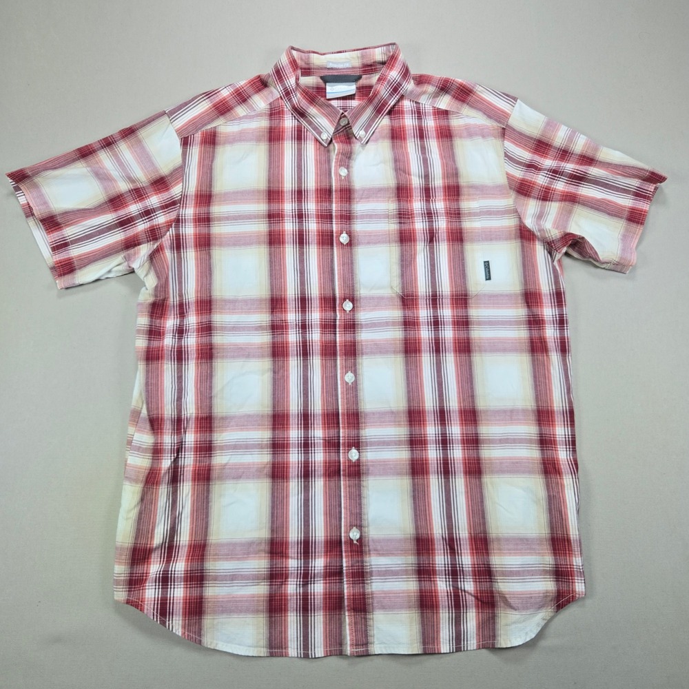 Columbia Shirt Button Down Plaid Regular Fit Red White Mens Large AM9132